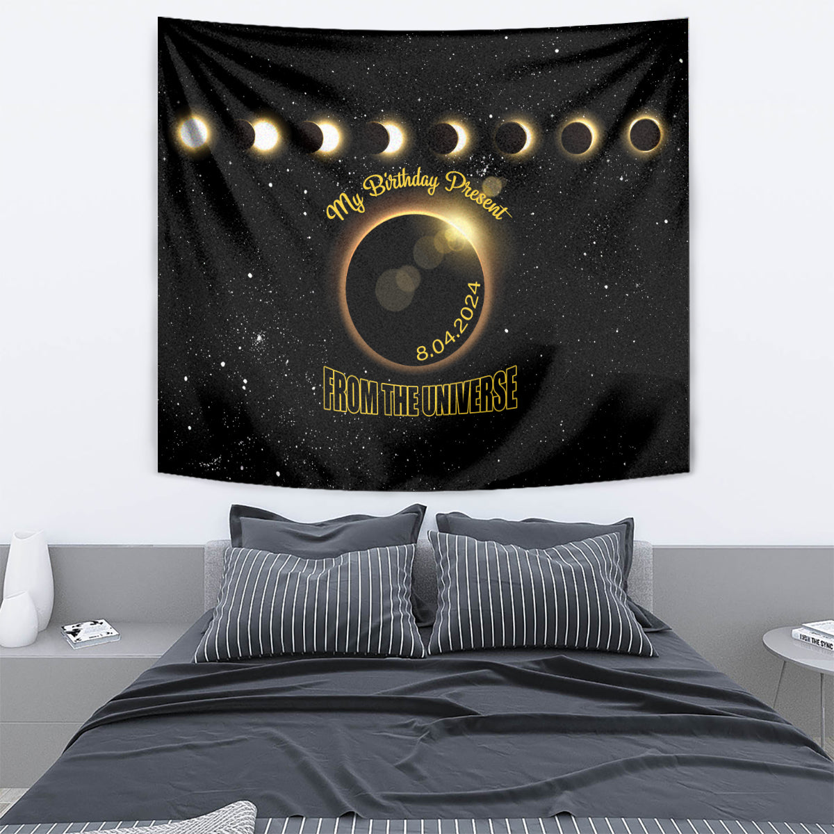 Black eclipse tapestry featuring glowing ring, 'From the Universe' and birthday text