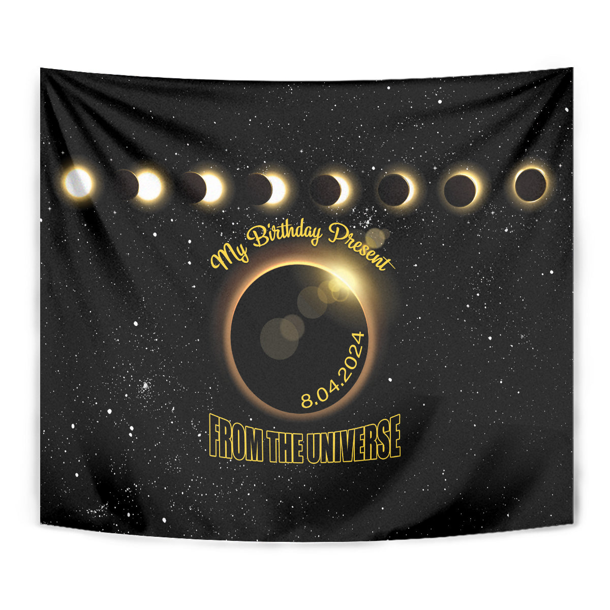 Black eclipse tapestry with gold halo, small date marks, and 'From the Universe' title