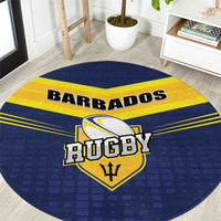 Round blue rug with Barbados Rugby text and trident logo center design