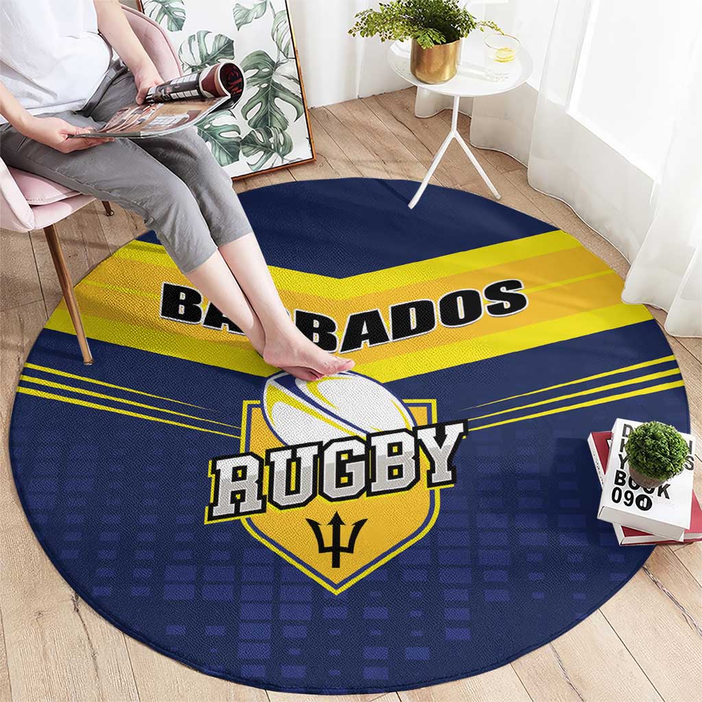Round blue carpet with Barbados Rugby lettering and trident logo, visible from above