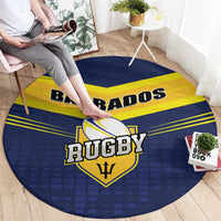 Round blue carpet with Barbados Rugby lettering and trident logo, visible from above