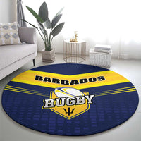 Round blue Barbados Rugby rug with trident emblem at the center