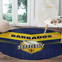 Round blue rug featuring Barbados Rugby text and trident crest center