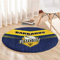 Round blue rugby carpet with Barbados Rugby lettering and trident logo in center