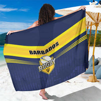 Blue and yellow Barbados rugby sarong with crest logo and stripe pattern, draped on model