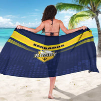 Blue and yellow Barbados rugby sarong, back view with central crest and stripes, on model