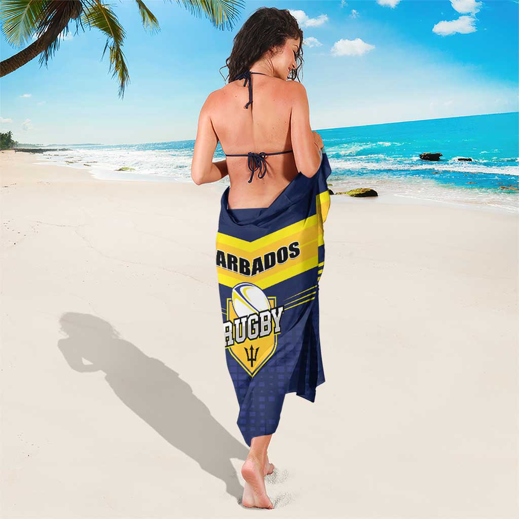 Blue and yellow rugby sarong with Barbados lettering and crest, tied sides, ankle length