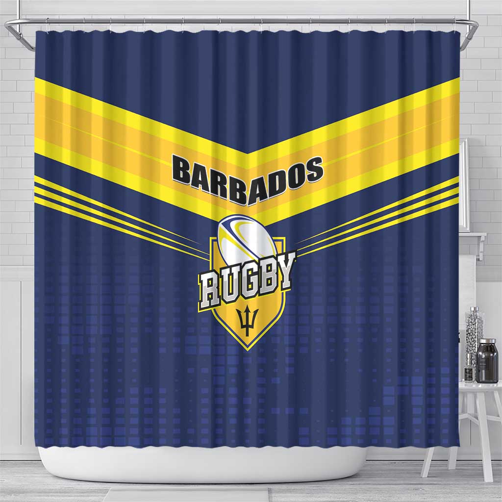 Blue shower curtain on rod with yellow diagonal stripes and Barbados Rugby logo