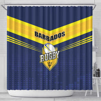 Blue shower curtain on rod with yellow diagonal stripes and Barbados Rugby logo