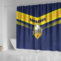 Blue shower curtain with yellow diagonal bands and Barbados Rugby shield logo