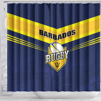 Blue shower curtain featuring Barbados text, yellow stripes, and Rugby shield emblem