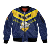 Navy and yellow rugby zip bomber jacket with ribbed cuffs and Barbados graphic on front.