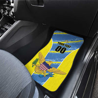Blue and yellow car floor mat with eagle emblem, laurel, and 'YOUR TEXT 00'.