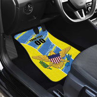 Blue and yellow car floor mat with eagle graphic, laurel, and 'YOUR TEXT 00'.