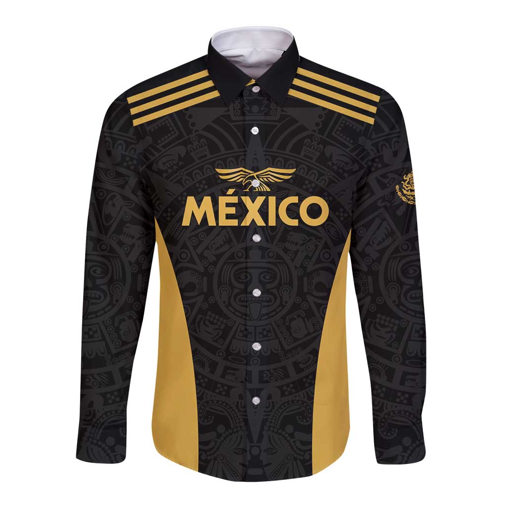 Men's black long-sleeve button football shirt with gold Mexico crest and stripes