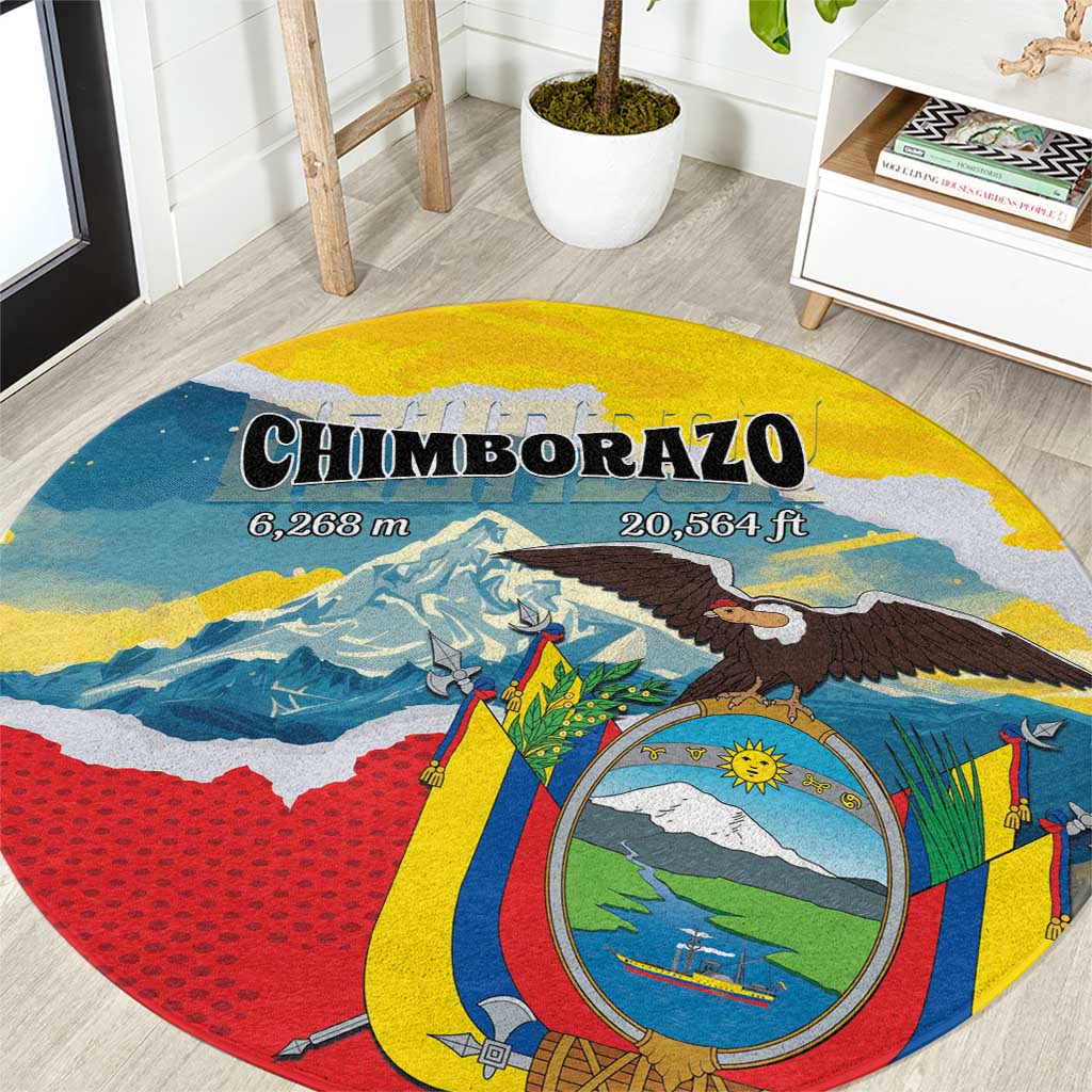 Round yellow and blue area rug with mountain, eagle, and scenic map print