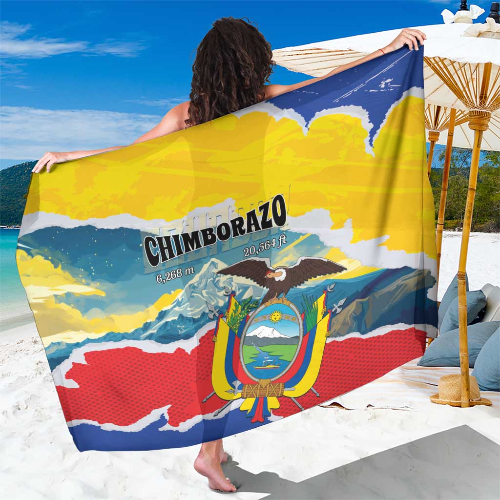 Yellow printed sarong wrap with Chimborazo mountain, Ecuador flag crest graphic.