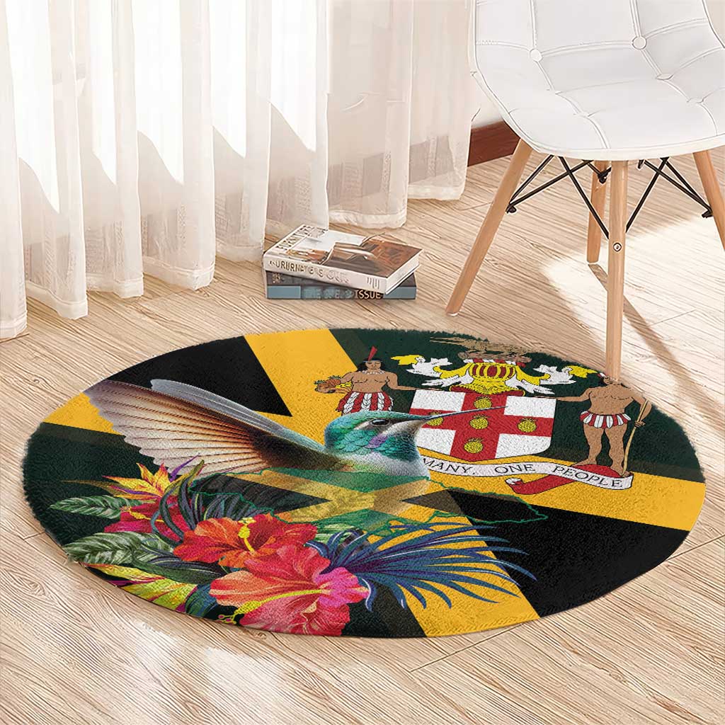 Round tropical area rug, black with hummingbird and colorful hibiscus flowers