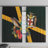 Black window curtain with tropical hummingbird, flowers, and green-and-gold diagonal stripe