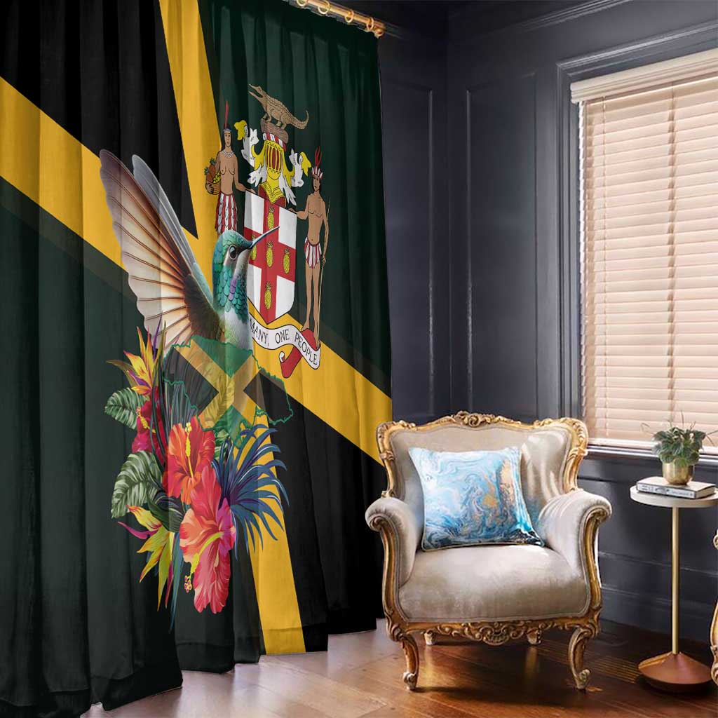 Tropical window curtain panel in black with hummingbird crest, flowers, and gold diagonal stripe