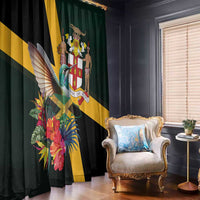 Tropical window curtain panel in black with hummingbird crest, flowers, and gold diagonal stripe