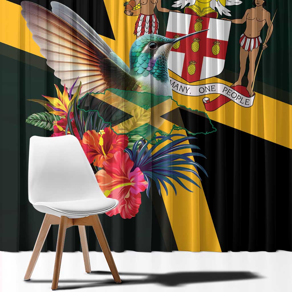 Black window curtain close-up with colorful hummingbird wings, flowers, and gold diagonal stripe