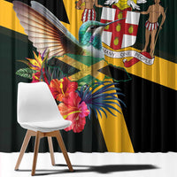 Black window curtain close-up with colorful hummingbird wings, flowers, and gold diagonal stripe