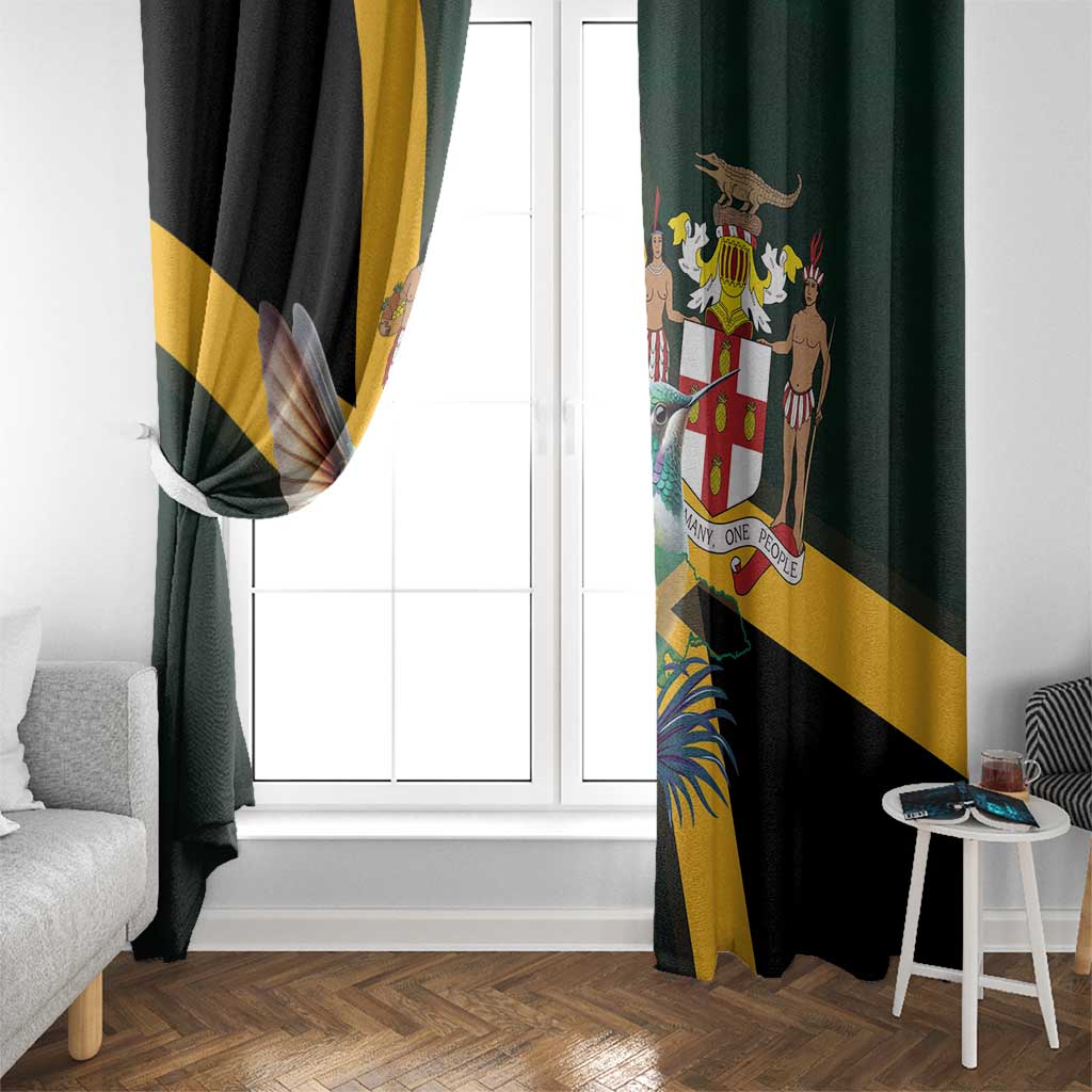 Window curtain panels with hummingbird crest print in black, green, and gold diagonal stripes