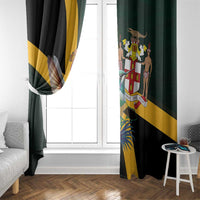 Window curtain panels with hummingbird crest print in black, green, and gold diagonal stripes