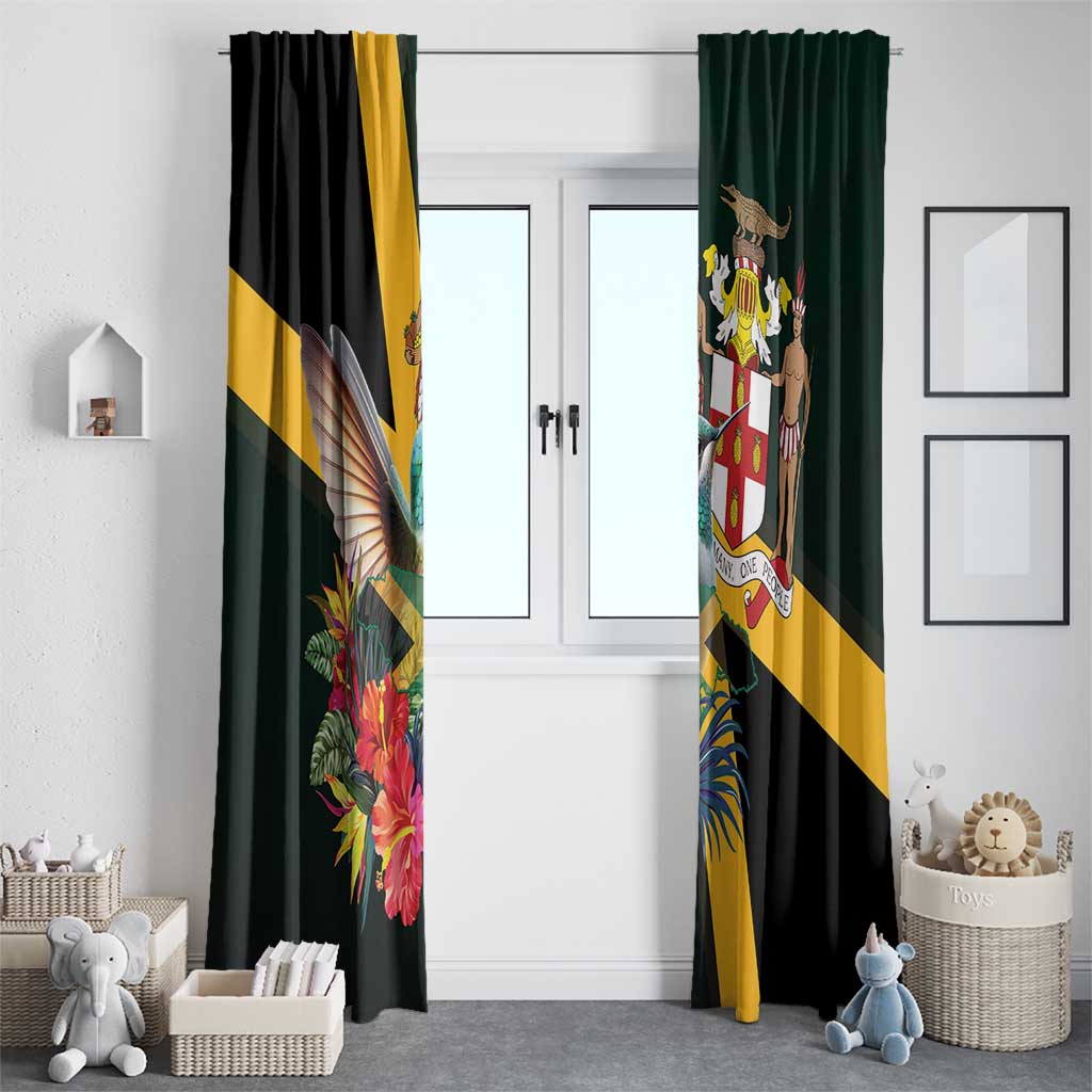 Pair of black window curtains with hummingbird and floral design; green and gold stripe accents
