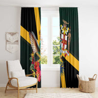 Black window curtain panel with hummingbird crest, tropical flowers, and gold diagonal stripe