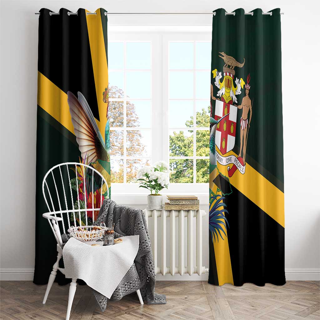Black window curtain on rod with rings; hummingbird crest, flowers, and green-and-gold stripes