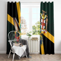 Black window curtain on rod with rings; hummingbird crest, flowers, and green-and-gold stripes