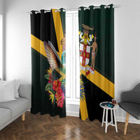Black window curtain pair with hummingbird crest print and gold diagonal stripe accents
