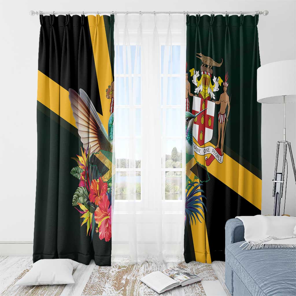 Window curtains with rings; tropical hummingbird print in black, green, and gold diagonal stripes