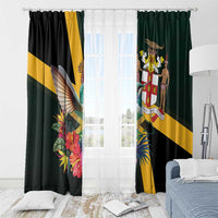 Window curtains with rings; tropical hummingbird print in black, green, and gold diagonal stripes