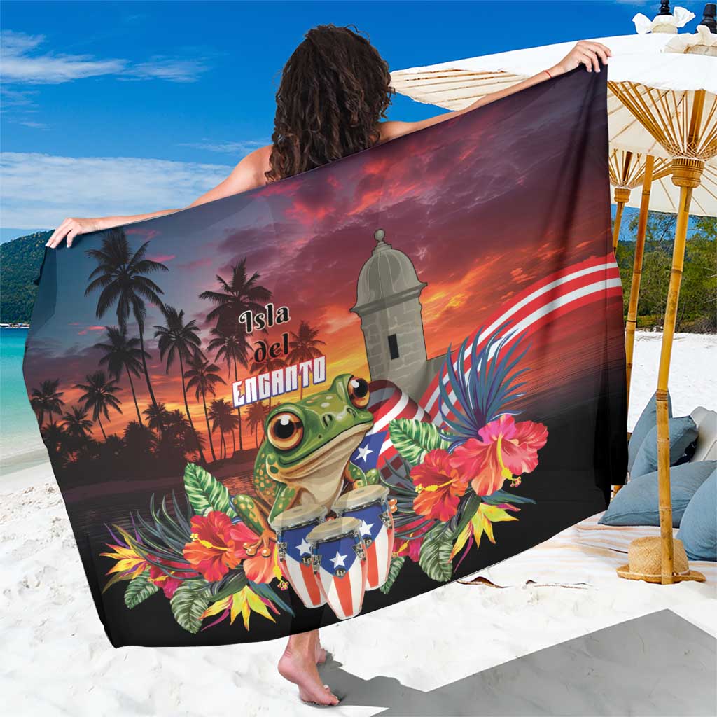 Multicolor tropical sarong with sunset gradient, palm trees, coqui frog and floral print