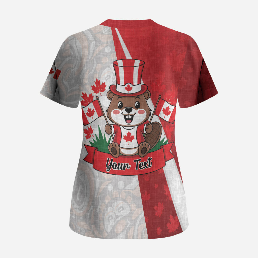 Personalised Canada Day Scrub Top Beaver Mountie Maple Leaves