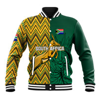 Unisex baseball jacket, green and yellow tribal front, ribbed collar, snap buttons