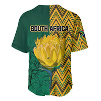 South Africa baseball jersey, green with yellow zigzag panels and large protea flower art.