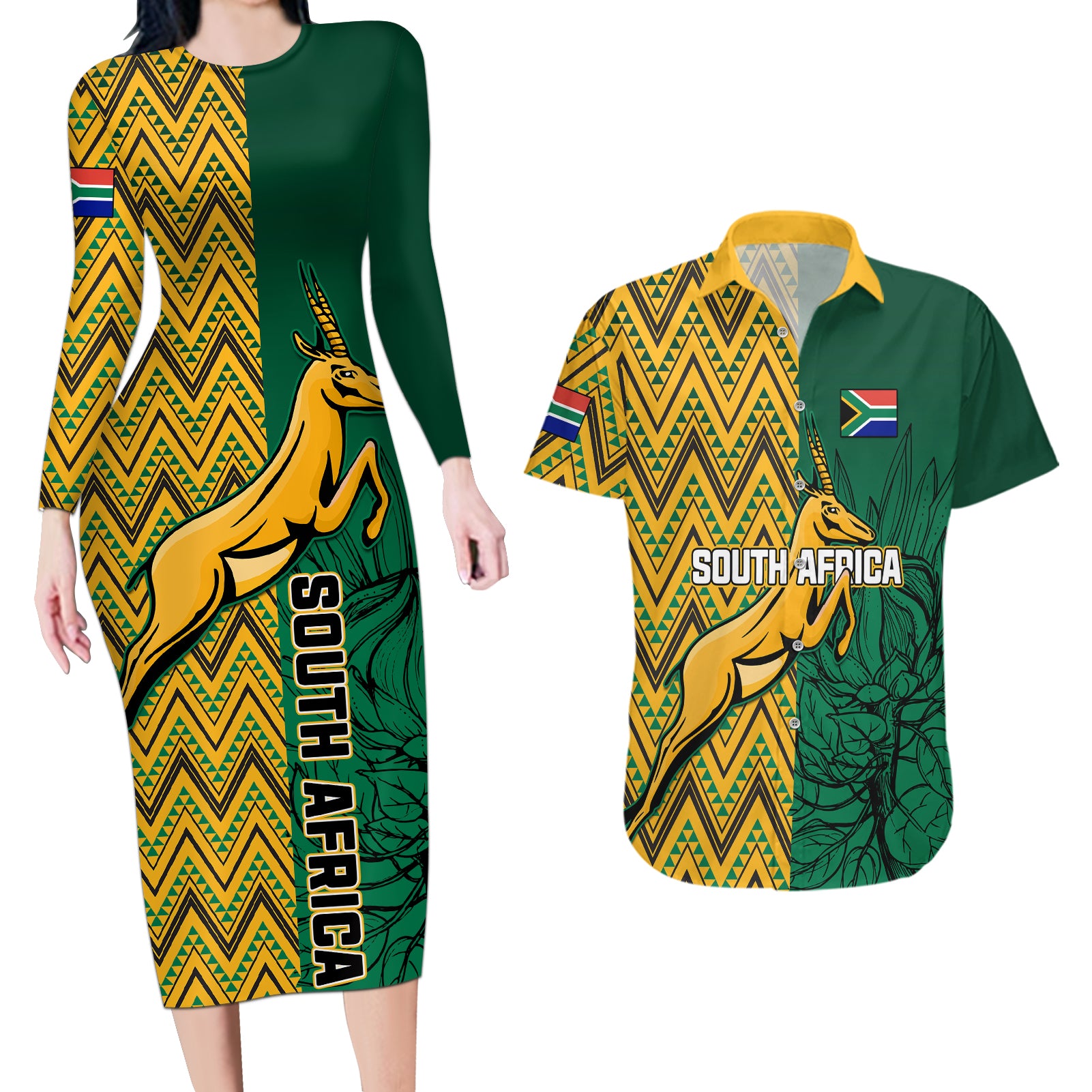 South Africa Couples Matching Long Sleeve Bodycon Dress and Hawaiian Shirt Springbok and Proteas African Pattern - Wonder Print Shop