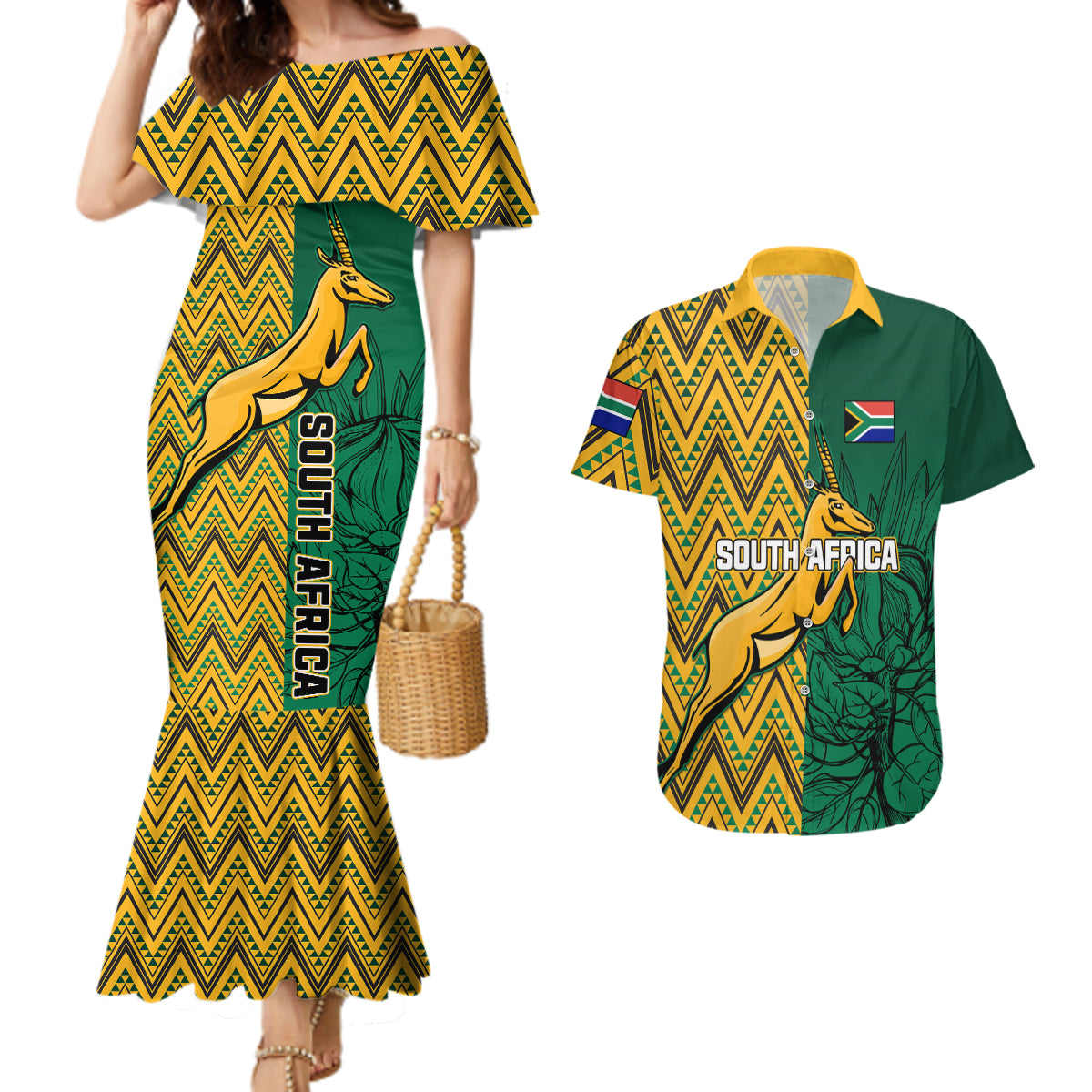 South Africa Couples Matching Mermaid Dress And Hawaiian Shirt Springbok and Proteas African Pattern - Wonder Print Shop