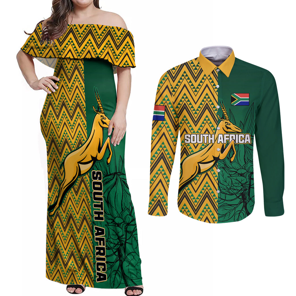 South Africa Couples Matching Off Shoulder Maxi Dress and Long Sleeve Button Shirts Springbok and Proteas African Pattern - Wonder Print Shop