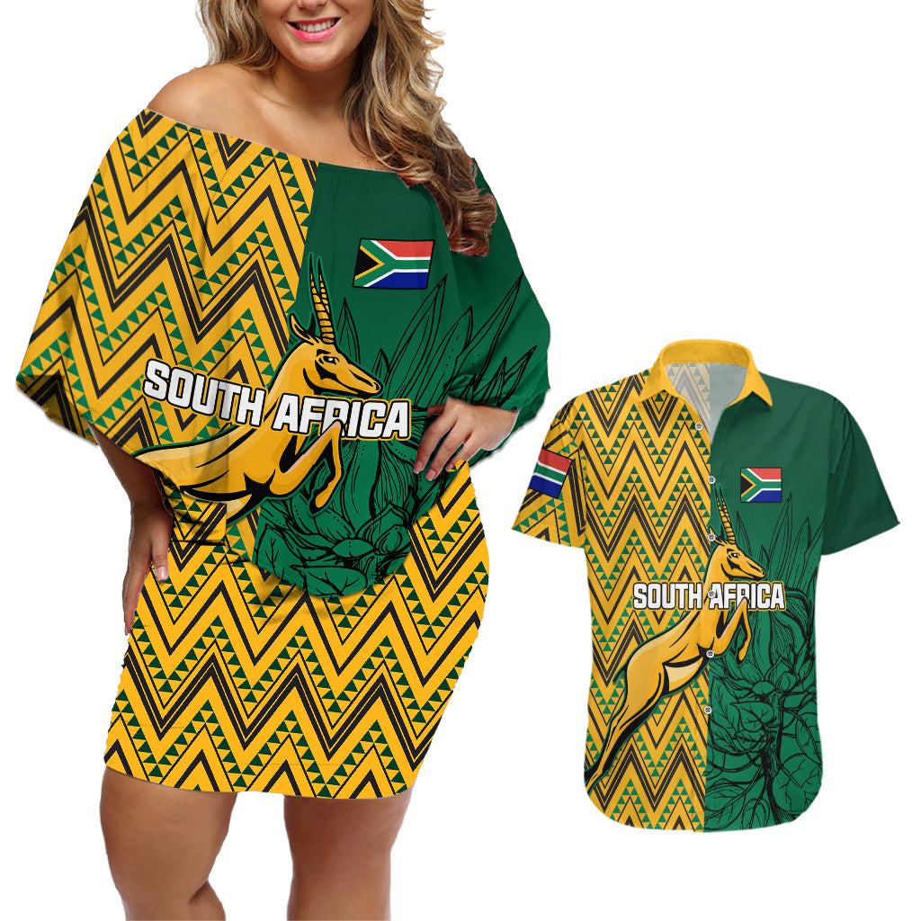 South Africa Couples Matching Off Shoulder Short Dress and Hawaiian Shirt Springbok and Proteas African Pattern - Wonder Print Shop