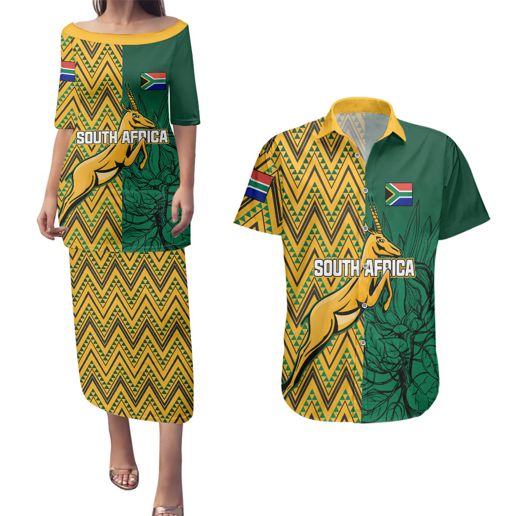 South Africa Couples Matching Puletasi Dress and Hawaiian Shirt Springbok and Proteas African Pattern - Wonder Print Shop