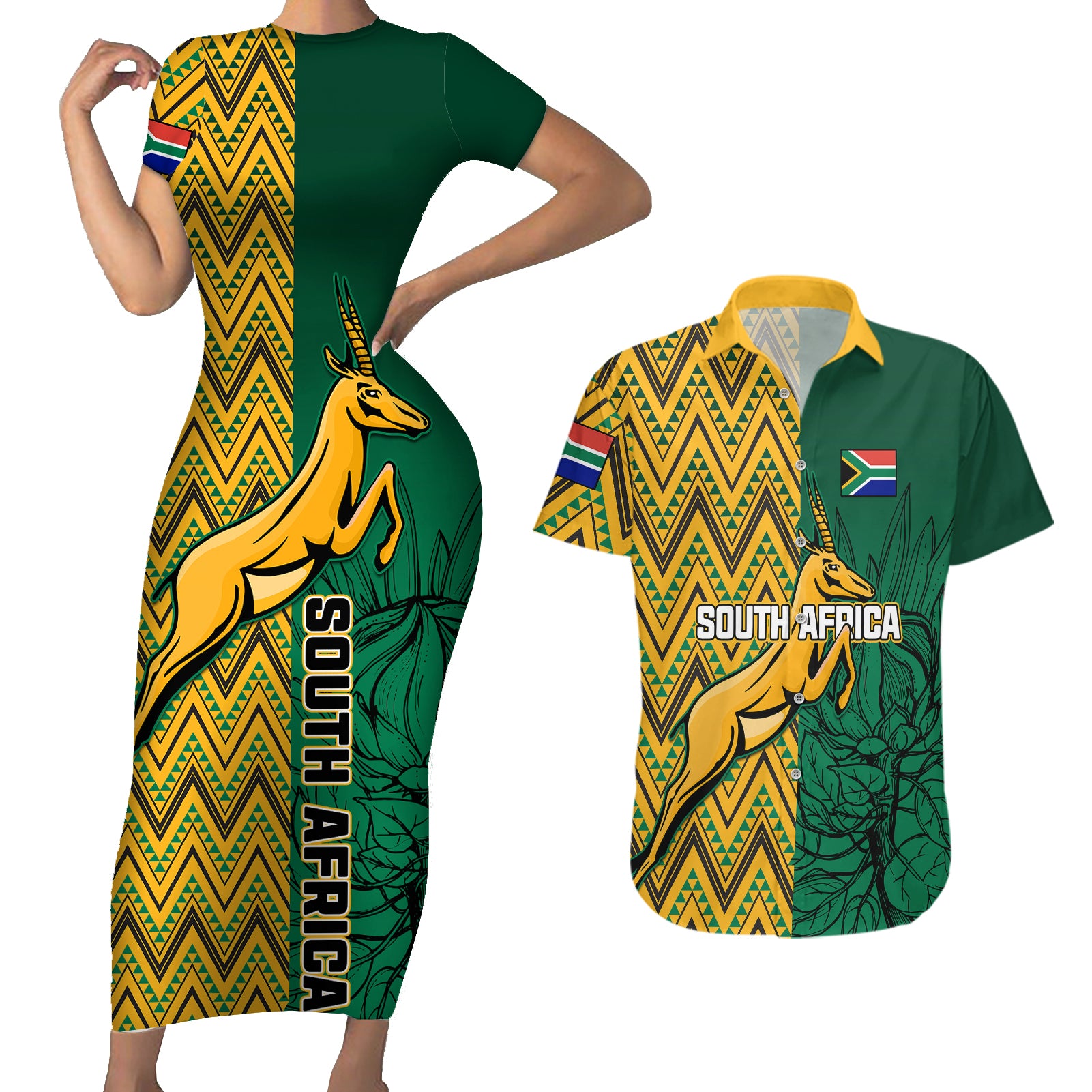 South Africa Couples Matching Short Sleeve Bodycon Dress and Hawaiian Shirt Springbok and Proteas African Pattern - Wonder Print Shop