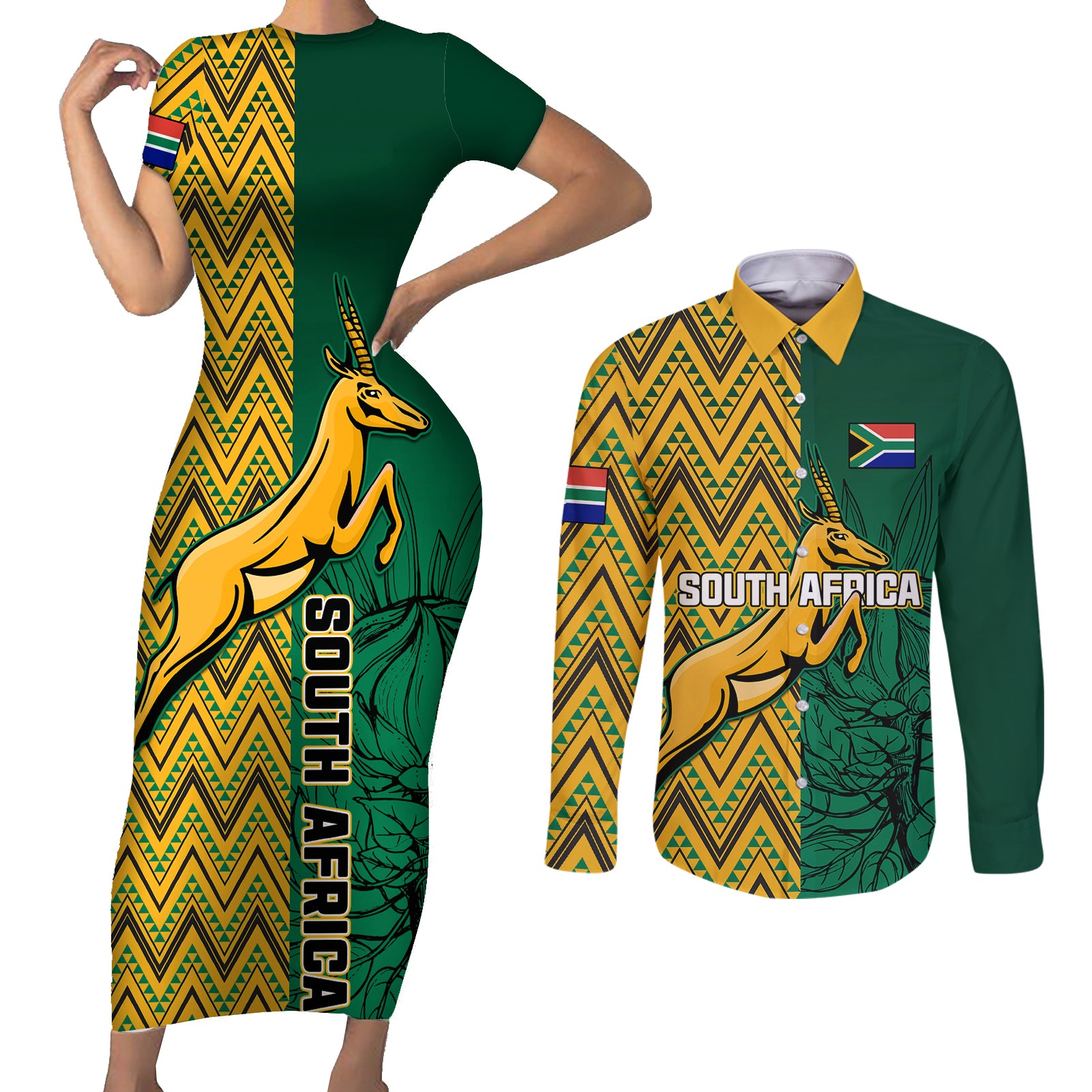 South Africa Couples Matching Short Sleeve Bodycon Dress and Long Sleeve Button Shirts Springbok and Proteas African Pattern - Wonder Print Shop