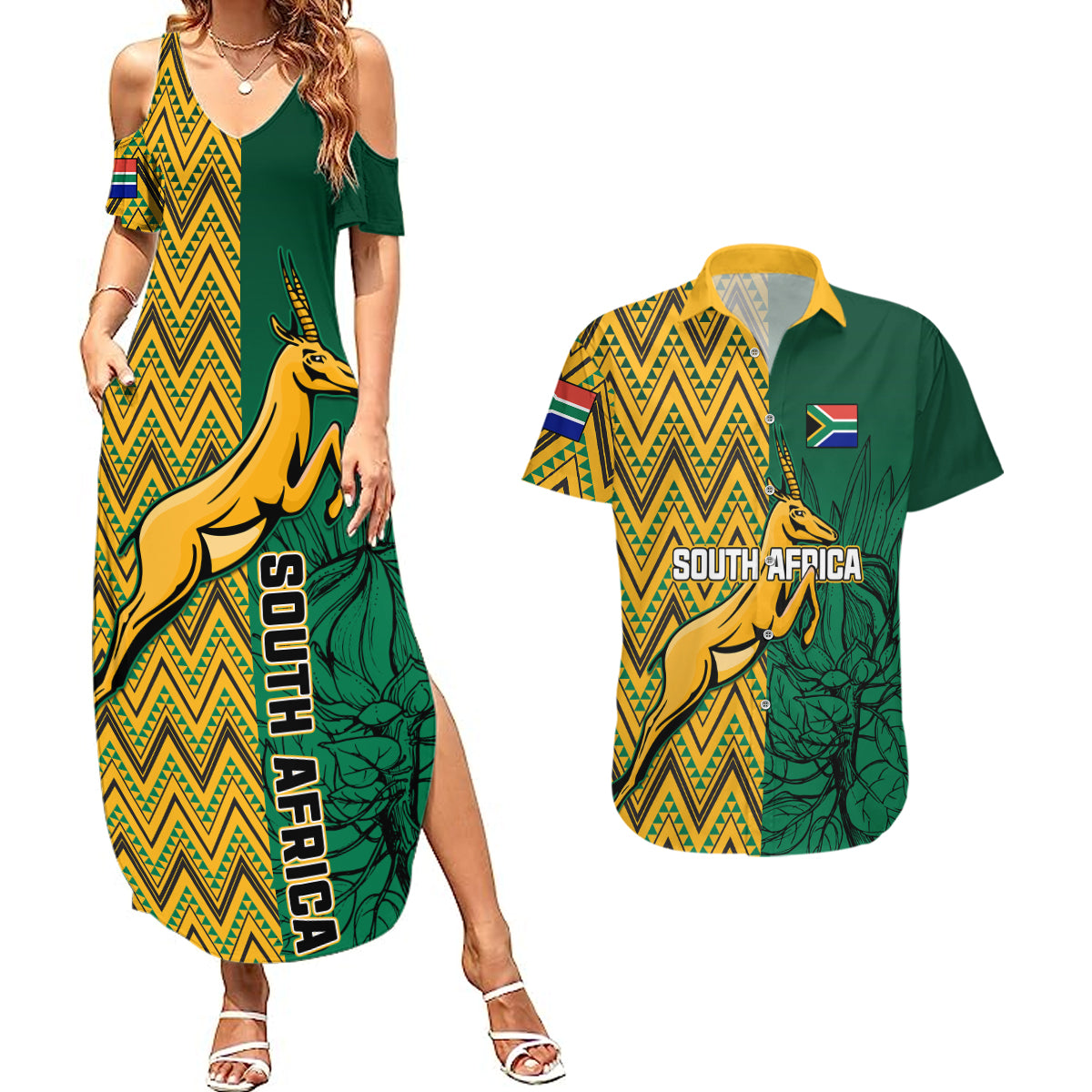 South Africa Couples Matching Summer Maxi Dress and Hawaiian Shirt Springbok and Proteas African Pattern - Wonder Print Shop