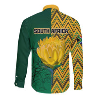 Long sleeve button shirt, green with yellow chevron back and large protea flower art