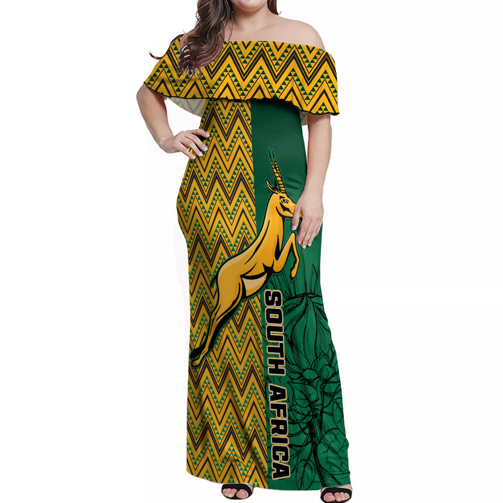 South Africa Off Shoulder Maxi Dress Springbok and Proteas African Pattern - Wonder Print Shop